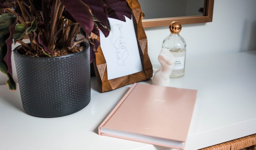 Daily Beauty Routine Planner with a calm vanity, checklist notebook, and neatly arranged beauty products